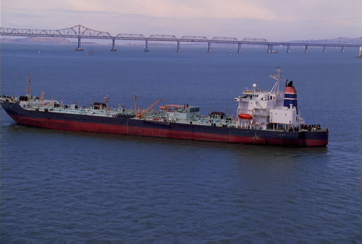 Orbiting above cargo ship in San Francisco Bay