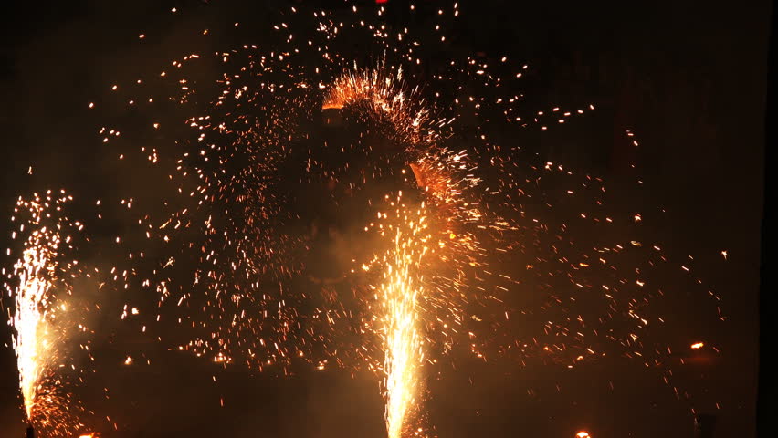 fireball fire performance with sparks in a circle