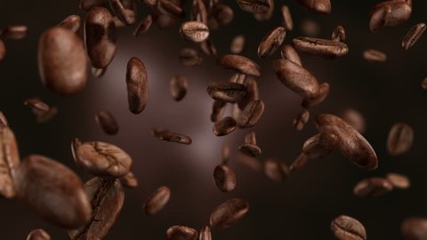 High quality animation video of falling coffee beans-loopable background in slow motion in 4K