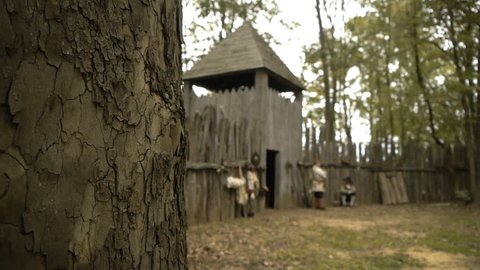 VIRGINIA - OCTOBER 2016 - Reenactment, Colonial pre-revolution American / English Colony in New World. Virginia, Jamestown, Plymouth. 17th century recreation -- Wilderness fortress, walls and towers.