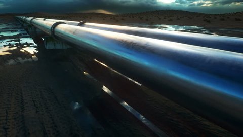 Pipeline transportation oil, natural gas or water in metal pipe. Oil concept. Realistic cinematic 4K animation.