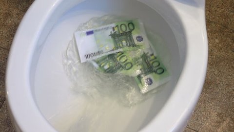 High quality video of flushing euro banknotes in toilet bowl in 4K