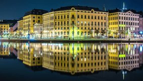Old town city buildings in Stockholm, Sweden Time Lapse. Gamla stan cityscape waterfront reflections