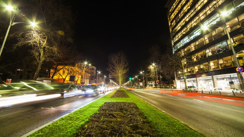 BUCHAREST ROMANIA Magheru street, the main street in Bucharest center . Boulevard Of Bucharest. Night Timelaplse. Street Lights. Trafic Lights. 4K footage. 4k Video. 4k Timelapse