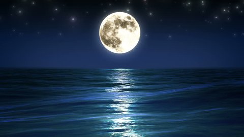 Sea and Full Moon. Night Sky with Flashing Stars. Beautiful Relaxing Looped Animation. HD 1080.