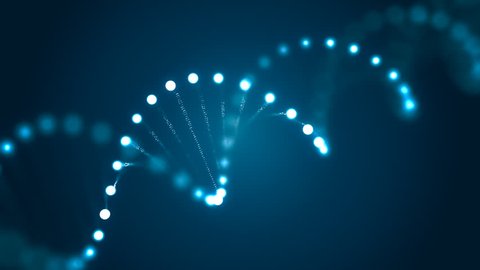 3D rendered loopable animation of rotating DNA glowing molecule on blue background. Genetics concept.