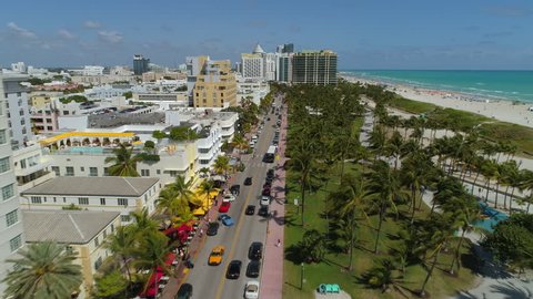 MIAMI BEACH, USA - MARCH 8, 2017: Aerial drone footage of Ocean Drive Miami Beach a popular world famous tourist travel destination. 
