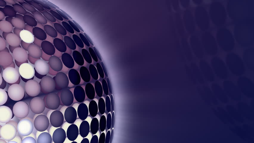 Rotating disco sphere close-up in blue, purple, black and white colors.