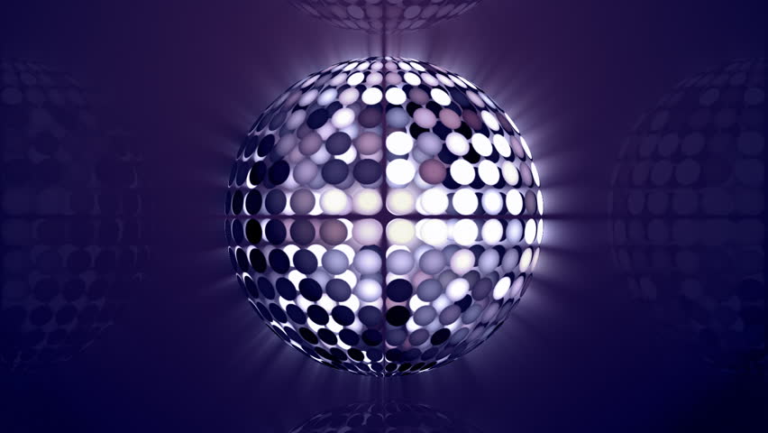 Rotating disco sphere in blue, purple, black and white colors.