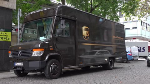 FRANKFURT, GERMANY - CIRCA 2016: UPS Weltweite Dienstleistungen truck in Frankfurt, Germany taken in 4k/UHD resolution.