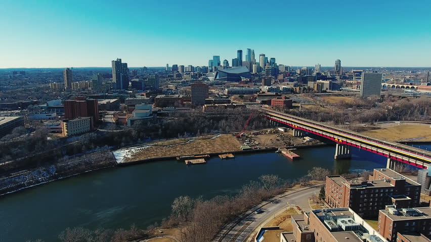 aerial view of the Minneapolis Minnesota skyline and Mississippi River 7