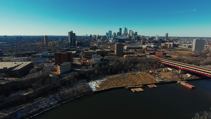 aerial view of the Minneapolis Minnesota skyline and Mississippi River 1