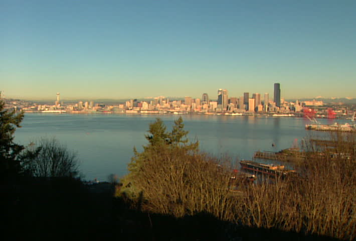 SEATTLE - Circa 2002: Skyline of Seattle over the bay in 2002. Includes the Columbia Center and the Seattle Municipal Tower.