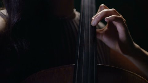 A cellist plays a cell using her hands and a bow in the dark
 
