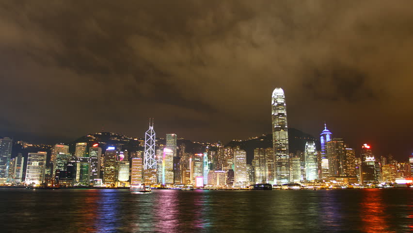 Hong Kong city sky line at night from Victoria harbour view, timelapse
