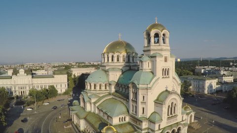 Sofia Bulgaria. Aerial footage of cathedral St. Alexander Nevsky . The largest church in the Balkans designed by Russian architect prof. Pomerantzev Alexander.