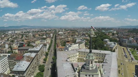 Aerial view of capital of Bulgaria, Sofia. Three architectural and iconic buildings of the communist era. Council of Ministers, presidency and party home.