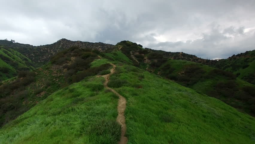 Aerial drove over trail in Griffith Park towards bridge