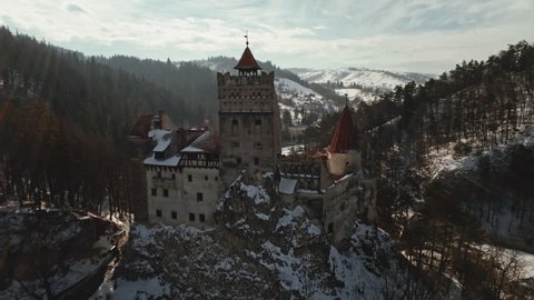 Flyover drone footage of Dracula's castle Bran in Transylvania