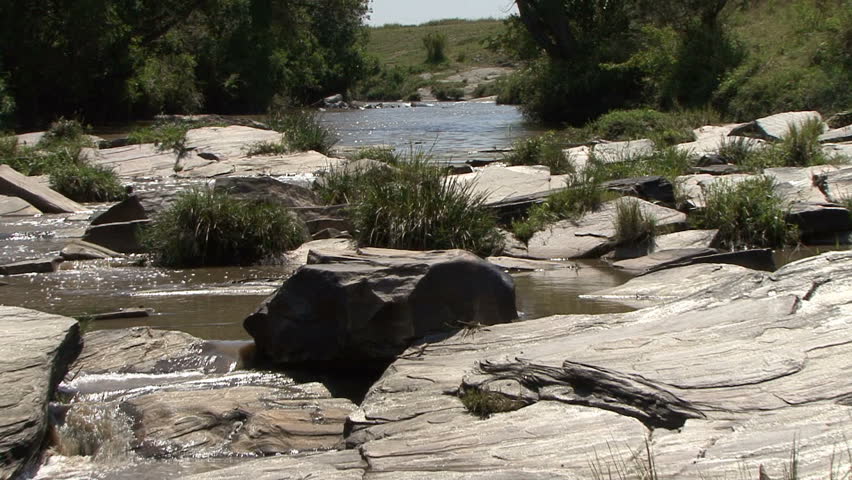 A scenic view of Hippopotamus as zoomed from downstream through rocks in the