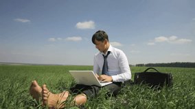 Handsome businessman working on his laptop in the countryside