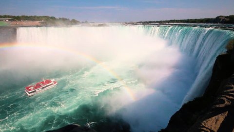 Boat Full of Tourists Gets Sprayed by Horseshoe Waterfall Under Rainbow in Niagara Falls Ontario Canada