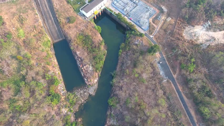 Aerial view of a hydroelectric power station dam.