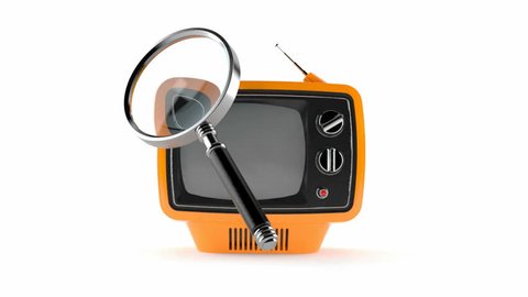 Retro TV with magnifying glass isolated on white background