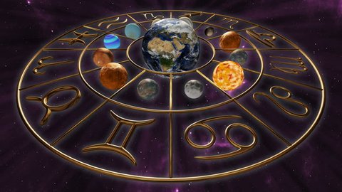 Rotating mystic golden zodiac horoscope symbol with twelve planets in cosmic scene. 4K