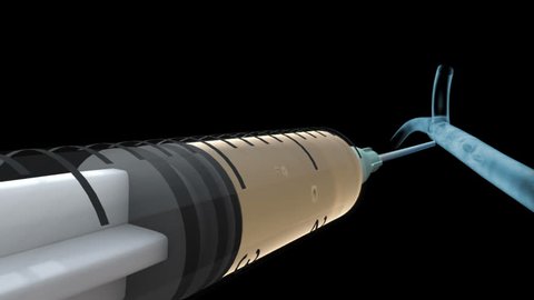 Needle Syringe with moving plunger seal inside barrel injecting liquid drug particles intravenously into bloodstream showing vein valve opening and closing pulsating flow red blood cells 3D animation