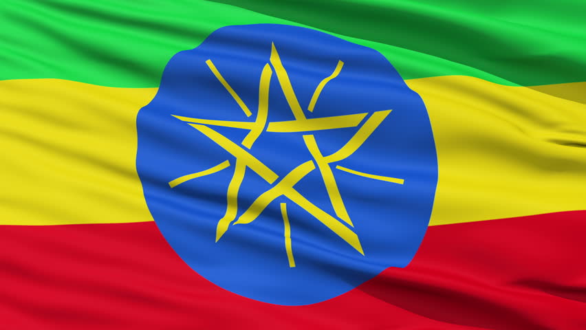 Closeup cropped view of a fluttering national flag of Ethiopia