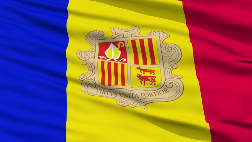 Closeup cropped view of a fluttering national flag of Andorra