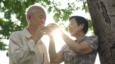Asian senior elder couple togetherness concept sharing coffee together - Βίντεο στοκ