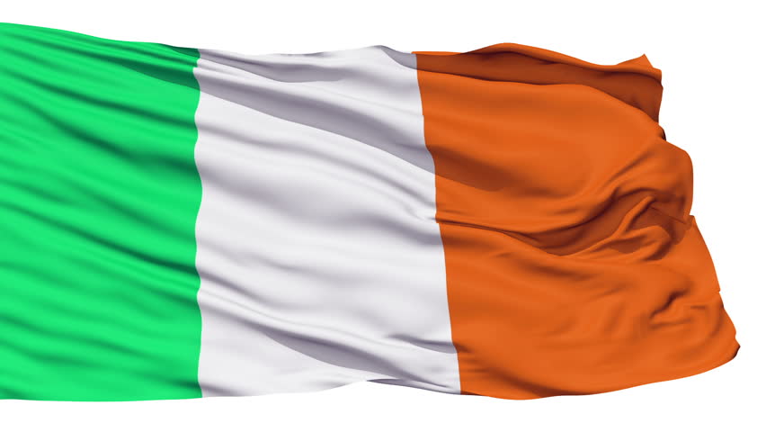 Animation of the full fluttering national flag of Ireland isolated on white