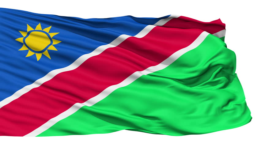 Animation of the full fluttering national flag of Namibia isolated on white