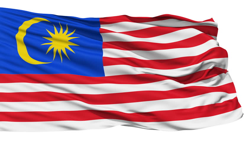 Animation of the full fluttering national flag of Malaysia isolated on white