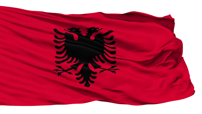Animation of the full fluttering national flag of Albania isolated on white