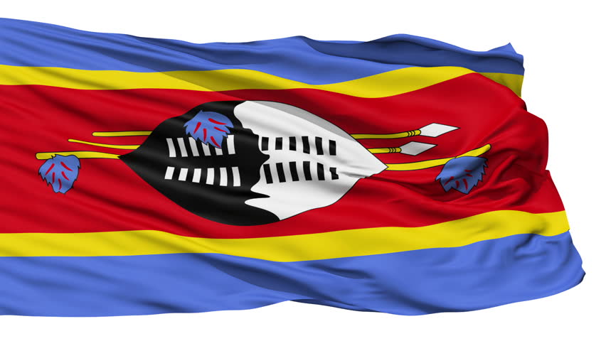 Animation of the full fluttering national flag of Swaziland isolated on whitef