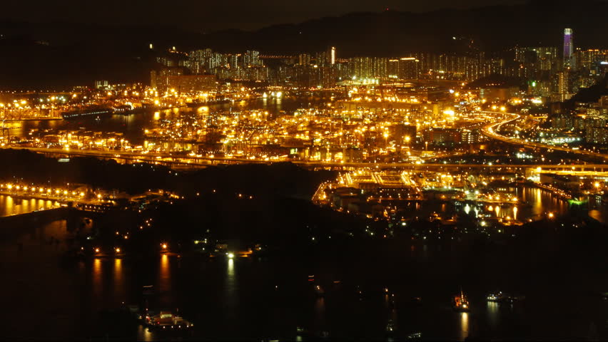 Hong Kong Kwai Tsing Container Terminal Panorama at Night. - Time lapse