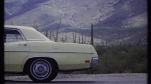 CALIFORNIA 1971: the vehicle is standing near the mountains without people