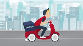 Delivery service footage. Cartoon young man riding a  Scooter Motorcycle with delivery box on it. Looped animation. Man on cityscape background.