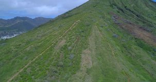 Aerial video of the Koko Crater Oahu Hawaii and hiking trail railway 4k