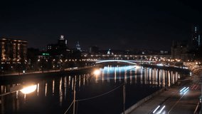Night timelapse Moscow river,bright car lights, 4k, 3840, 2160p