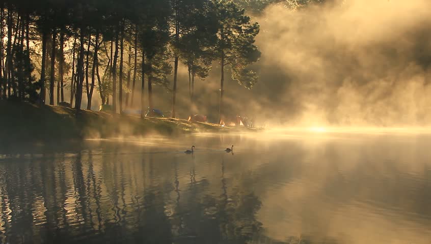 Morning scenery at Pang Ung Campground and Huai Makhuea Som Reservoir is popular travel destination in Mae Hong Son province, Thailand 