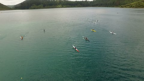 Aerial - Sprint canoe kayak race on a beautiful lake - Canada