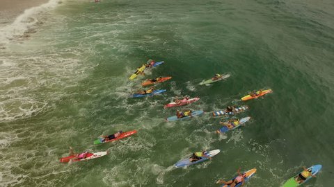 Aerial - Surf Life Saving training, a bit group paddling together - New Zealand