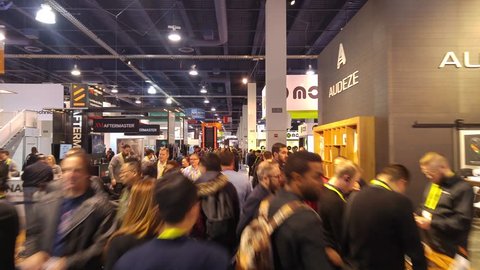LAS VEGAS - January 07, 2017: Dynamic hectic hyperlapse walk through CES 2017 show floor in Las Vegas, Nevada. SEC is an annual consumer electronics trade show. 4K UHD timelapse.