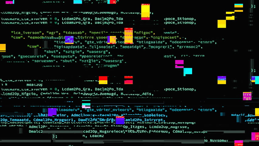 A messy source code scrolling animation, white characters black background, glitches randomly appearing. A glitch is a minor malfunction, mishap, or technical problem. It can have an artistic value.
 | Shutterstock HD Video #24863939