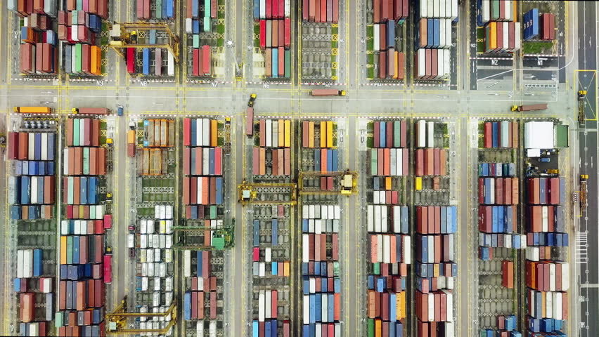 Overhead drone footage of shipping containers with transport network trucks, seamless transport routes supply chain Royalty-Free Stock Footage #24864011