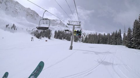 Denver, Colorado, USA-February 25, 2017. POV point of view - Ski lift at Arapahoe basin.